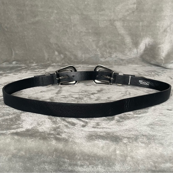 Double Buckle Black Western Belt Silver Hardware Etched Narrow Width Size S/M - Picture 5 of 8